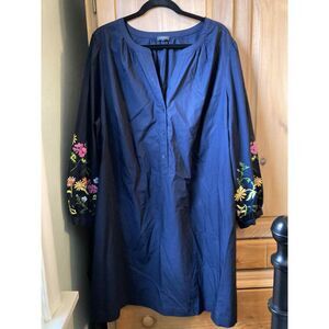 Talbots | 100% Cotton Embroidered Floral Navy Long Sleeve Dress | 22 Petite